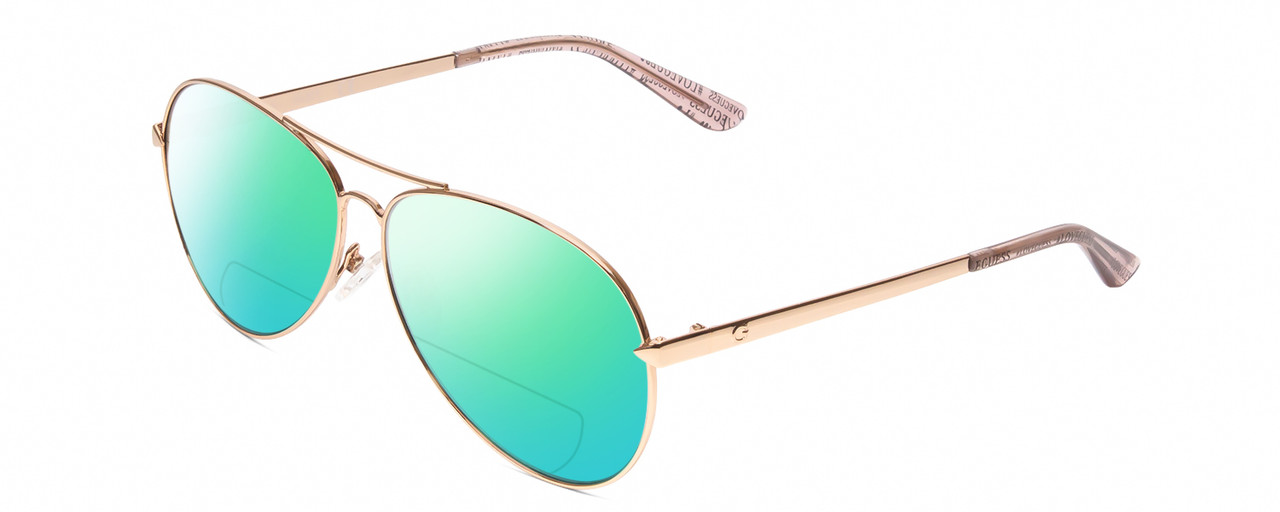 Profile View of Guess GU7615 Designer Polarized Reading Sunglasses with Custom Cut Powered Green Mirror Lenses in Shiny Rose Gold Pink Ladies Pilot Full Rim Metal 56 mm