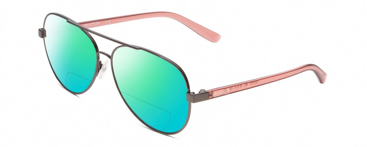 Profile View of Kenneth Cole Reaction KC2793 Designer Polarized Reading Sunglasses with Custom Cut Powered Green Mirror Lenses in Gunmetal Crystal Pink Ladies Pilot Full Rim Metal 60 mm