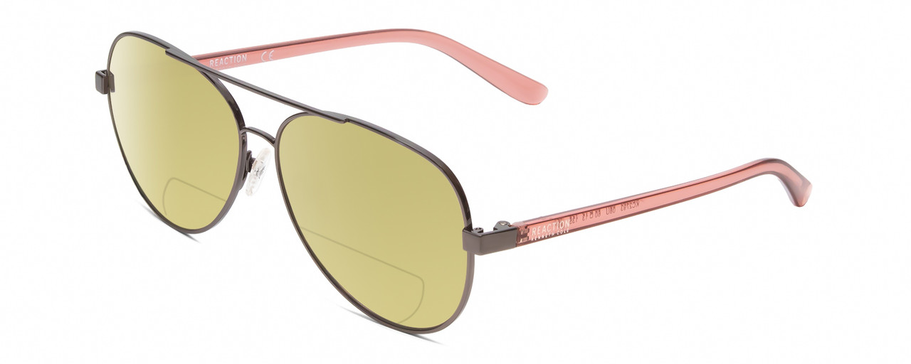 Profile View of Kenneth Cole Reaction KC2793 Designer Polarized Reading Sunglasses with Custom Cut Powered Sun Flower Yellow Lenses in Gunmetal Crystal Pink Ladies Pilot Full Rim Metal 60 mm