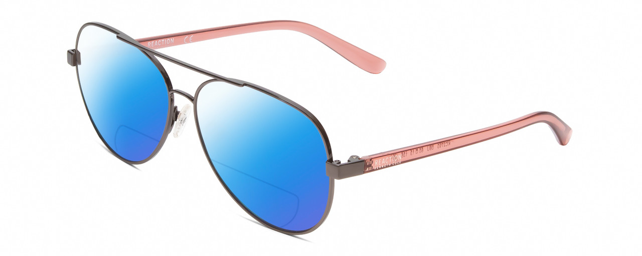 Profile View of Kenneth Cole Reaction KC2793 Designer Polarized Reading Sunglasses with Custom Cut Powered Blue Mirror Lenses in Gunmetal Crystal Pink Ladies Pilot Full Rim Metal 60 mm