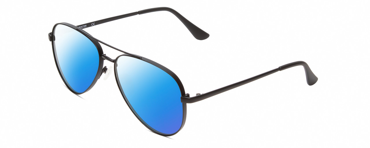 Profile View of Kenneth Cole Reaction KC2829 Designer Polarized Sunglasses with Custom Cut Blue Mirror Lenses in Satin Black Unisex Pilot Full Rim Metal 58 mm