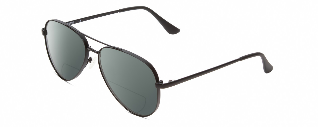 Profile View of Kenneth Cole Reaction KC2829 Designer Polarized Reading Sunglasses with Custom Cut Powered Smoke Grey Lenses in Satin Black Unisex Pilot Full Rim Metal 58 mm