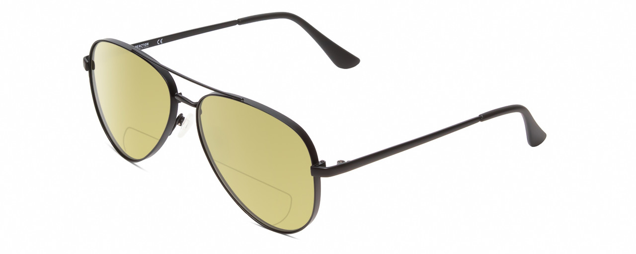 Profile View of Kenneth Cole Reaction KC2829 Designer Polarized Reading Sunglasses with Custom Cut Powered Sun Flower Yellow Lenses in Satin Black Unisex Pilot Full Rim Metal 58 mm