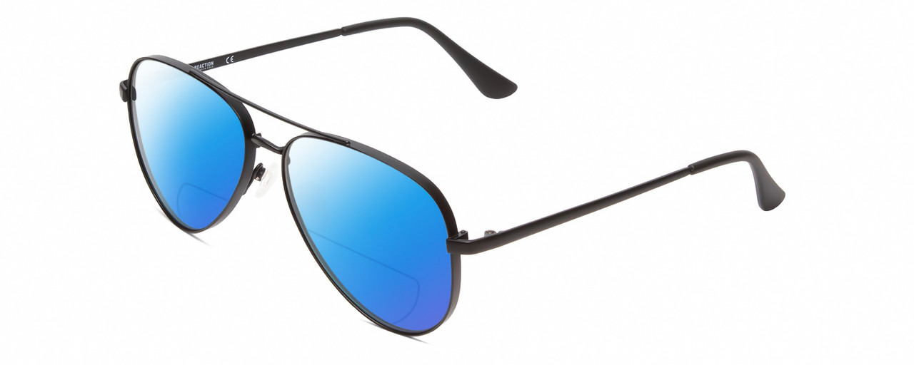Profile View of Kenneth Cole Reaction KC2829 Designer Polarized Reading Sunglasses with Custom Cut Powered Blue Mirror Lenses in Satin Black Unisex Pilot Full Rim Metal 58 mm