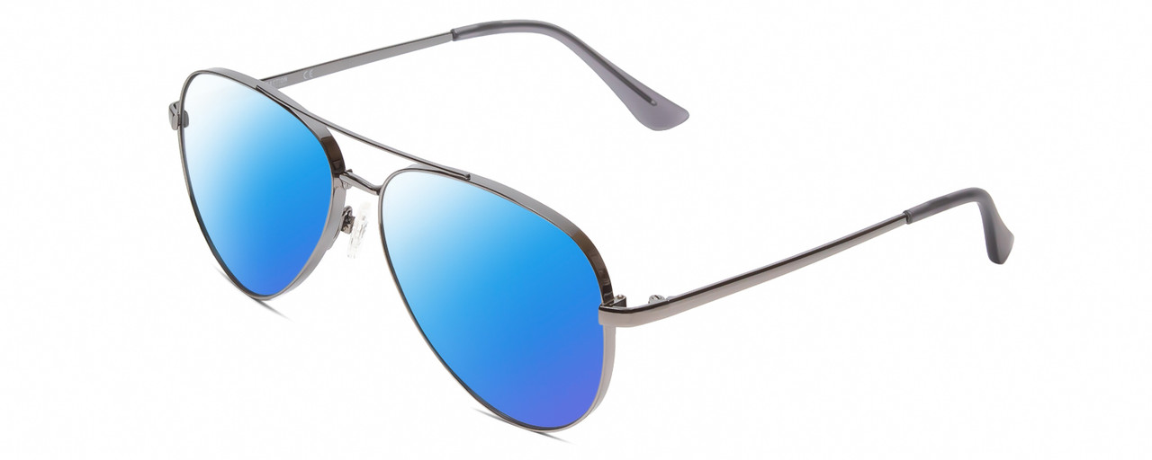 Profile View of Kenneth Cole Reaction KC2829 Designer Polarized Sunglasses with Custom Cut Blue Mirror Lenses in Gunmetal Grey Unisex Pilot Full Rim Metal 58 mm