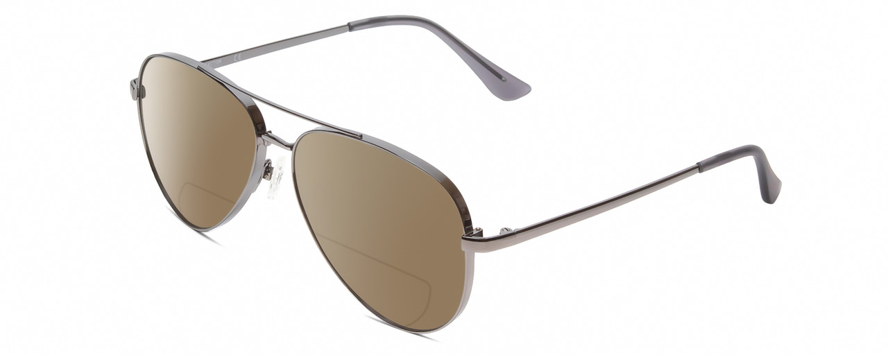 Profile View of Kenneth Cole Reaction KC2829 Designer Polarized Reading Sunglasses with Custom Cut Powered Amber Brown Lenses in Gunmetal Grey Unisex Pilot Full Rim Metal 58 mm