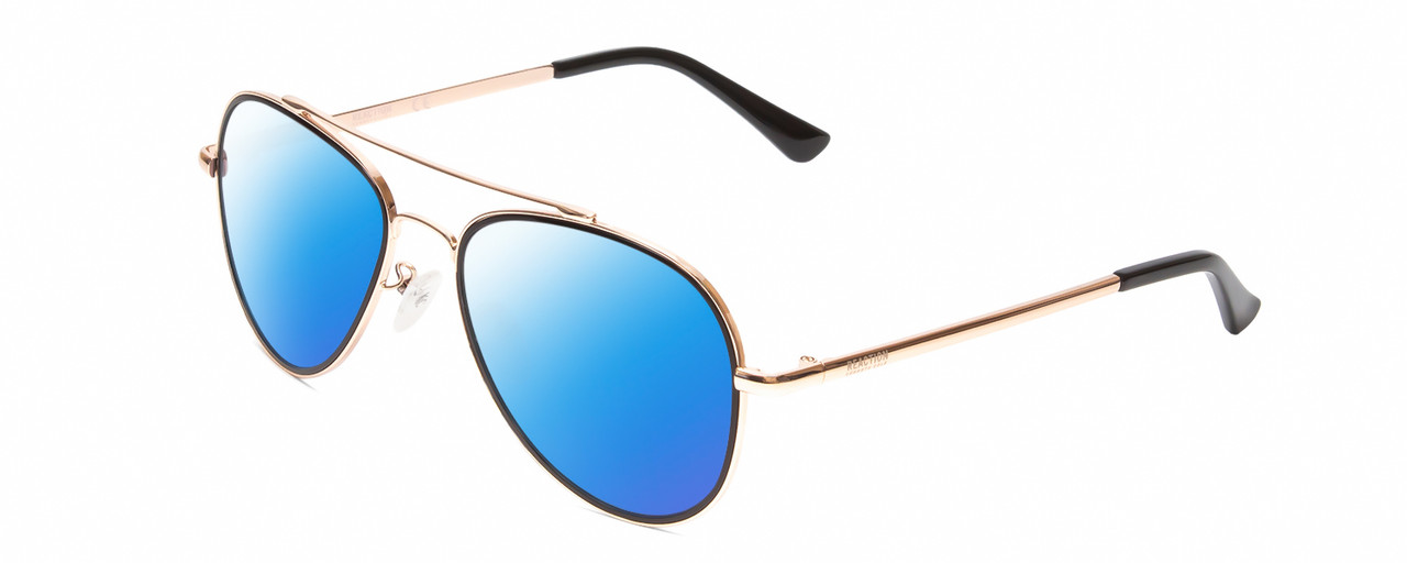 Profile View of Kenneth Cole Reaction KC2837 Designer Polarized Sunglasses with Custom Cut Blue Mirror Lenses in Rose Gold Black Ladies Pilot Full Rim Metal 55 mm