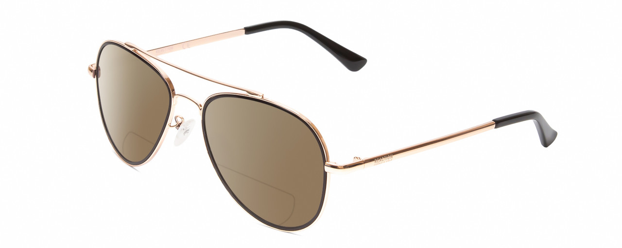 Profile View of Kenneth Cole Reaction KC2837 Designer Polarized Reading Sunglasses with Custom Cut Powered Amber Brown Lenses in Rose Gold Black Ladies Pilot Full Rim Metal 55 mm