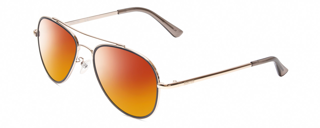 Profile View of Kenneth Cole Reaction KC2837 Designer Polarized Sunglasses with Custom Cut Red Mirror Lenses in Gold Blue Ladies Pilot Full Rim Metal 55 mm