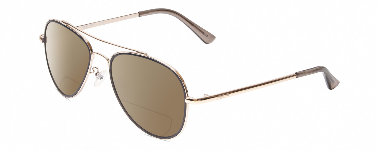 Profile View of Kenneth Cole Reaction KC2837 Designer Polarized Reading Sunglasses with Custom Cut Powered Amber Brown Lenses in Gold Blue Ladies Pilot Full Rim Metal 55 mm