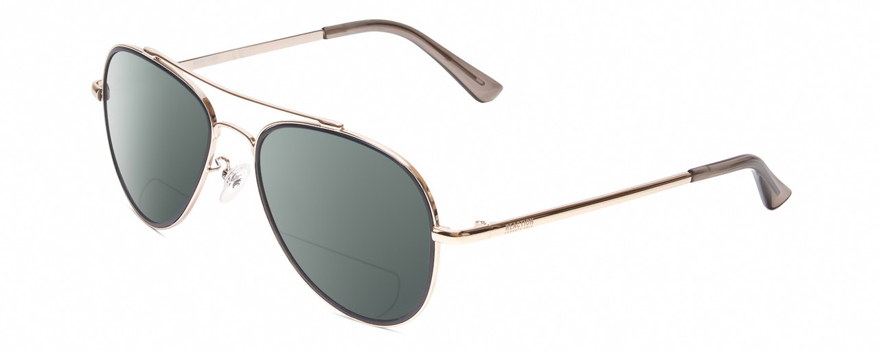 Profile View of Kenneth Cole Reaction KC2837 Designer Polarized Reading Sunglasses with Custom Cut Powered Smoke Grey Lenses in Gold Blue Ladies Pilot Full Rim Metal 55 mm