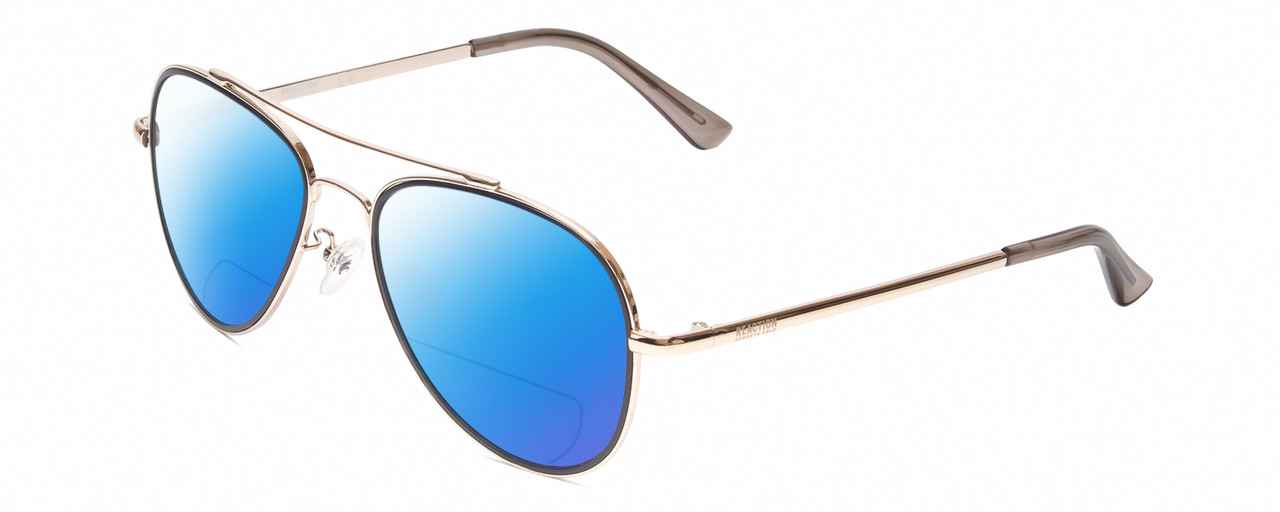 Profile View of Kenneth Cole Reaction KC2837 Designer Polarized Reading Sunglasses with Custom Cut Powered Blue Mirror Lenses in Gold Blue Ladies Pilot Full Rim Metal 55 mm