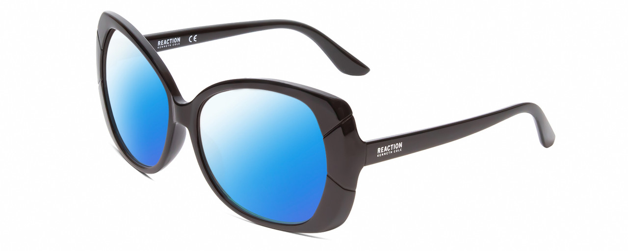 Profile View of Kenneth Cole Reaction KC2841 Designer Polarized Sunglasses with Custom Cut Blue Mirror Lenses in Gloss Black Ladies Butterfly Full Rim Acetate 58 mm