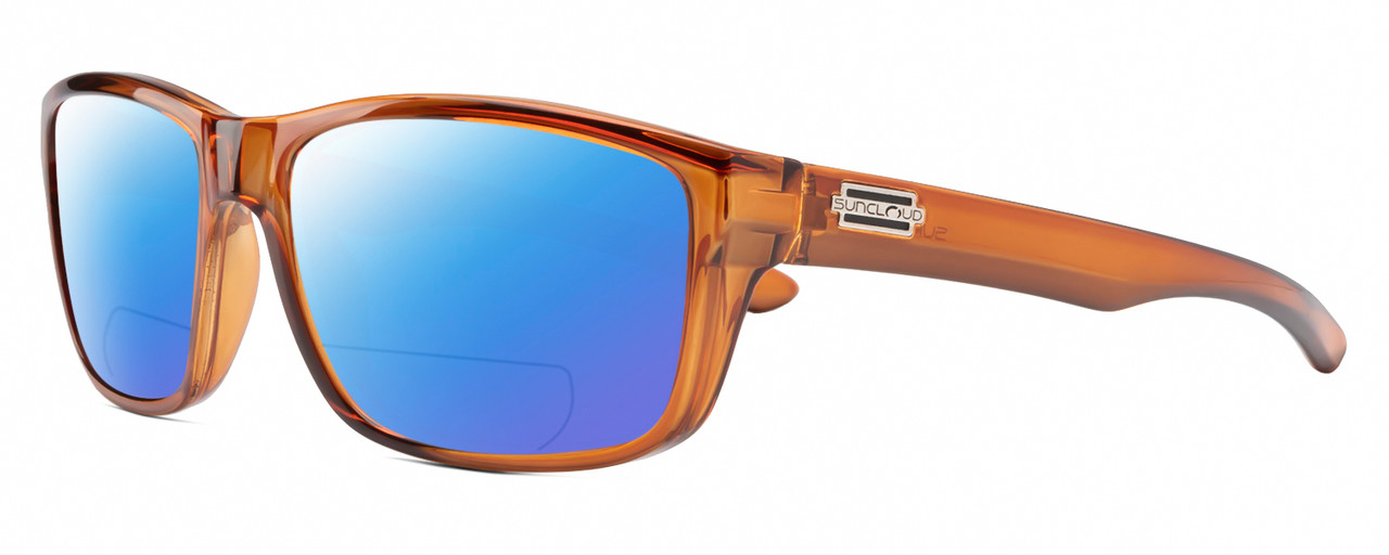 Profile View of Suncloud Mayor Designer Polarized Reading Sunglasses with Custom Cut Powered Blue Mirror Lenses in Crystal Amber Brown Unisex Square Full Rim Acetate 57 mm