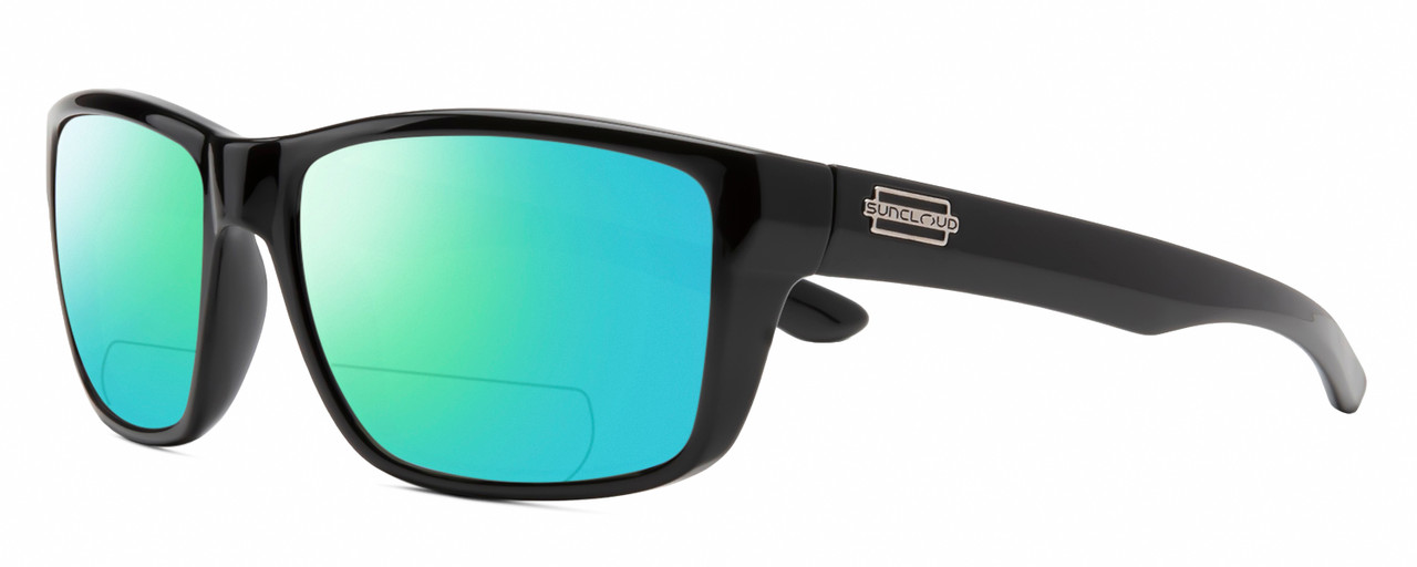 Profile View of Suncloud Mayor Designer Polarized Reading Sunglasses with Custom Cut Powered Green Mirror Lenses in Gloss Black Unisex Square Full Rim Acetate 57 mm