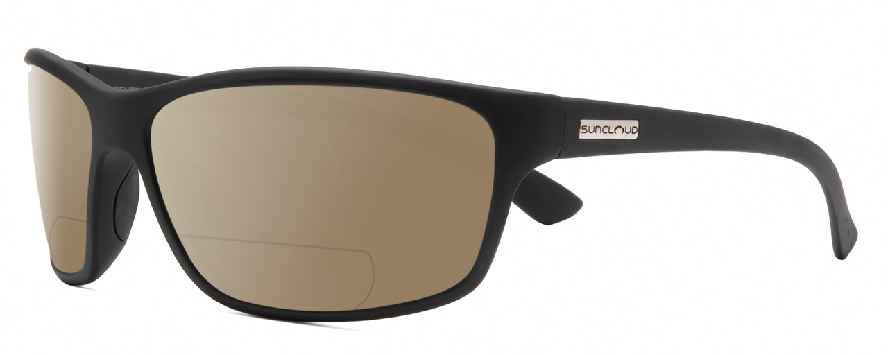 Profile View of Suncloud Sentry Designer Polarized Reading Sunglasses with Custom Cut Powered Amber Brown Lenses in Matte Black Unisex Rectangular Full Rim Acetate 63 mm