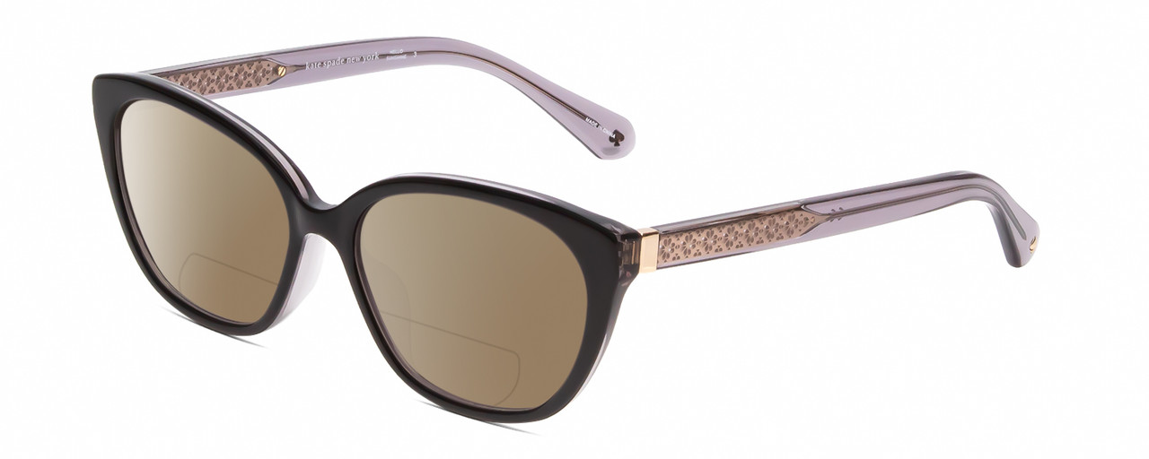 Profile View of Kate Spade PHILIPPA Designer Polarized Reading Sunglasses with Custom Cut Powered Amber Brown Lenses in Gloss Black Grey Crystal Floral Ladies Cat Eye Full Rim Acetate 54 mm