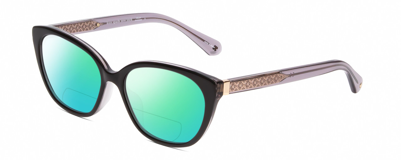 Profile View of Kate Spade PHILIPPA Designer Polarized Reading Sunglasses with Custom Cut Powered Green Mirror Lenses in Gloss Black Grey Crystal Floral Ladies Cat Eye Full Rim Acetate 54 mm