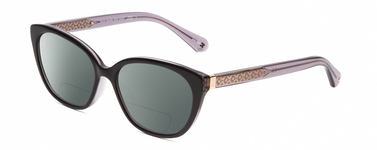 Profile View of Kate Spade PHILIPPA Designer Polarized Reading Sunglasses with Custom Cut Powered Smoke Grey Lenses in Gloss Black Grey Crystal Floral Ladies Cat Eye Full Rim Acetate 54 mm