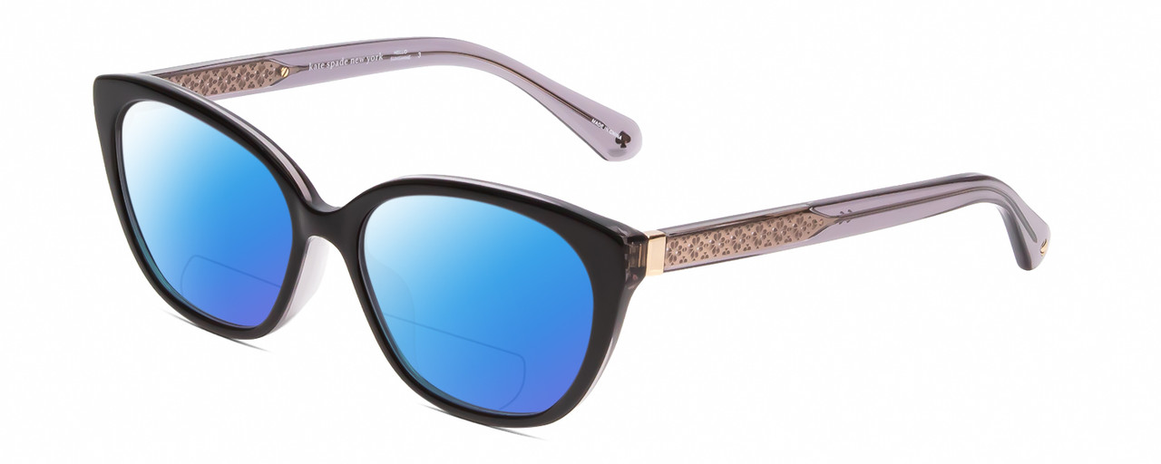 Profile View of Kate Spade PHILIPPA Designer Polarized Reading Sunglasses with Custom Cut Powered Blue Mirror Lenses in Gloss Black Grey Crystal Floral Ladies Cat Eye Full Rim Acetate 54 mm