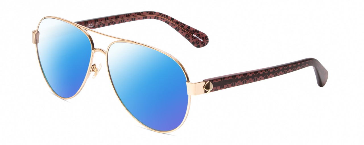 Profile View of Kate Spade GENEVA Designer Polarized Sunglasses with Custom Cut Blue Mirror Lenses in Gold Pink Crystal Black Floral Ladies Pilot Full Rim Metal 59 mm