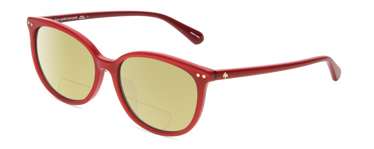 Profile View of Kate Spade ALINA Designer Polarized Reading Sunglasses with Custom Cut Powered Sun Flower Yellow Lenses in Cherry Red Ladies Oval Full Rim Acetate 55 mm