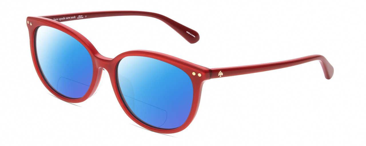 Profile View of Kate Spade ALINA Designer Polarized Reading Sunglasses with Custom Cut Powered Blue Mirror Lenses in Cherry Red Ladies Oval Full Rim Acetate 55 mm