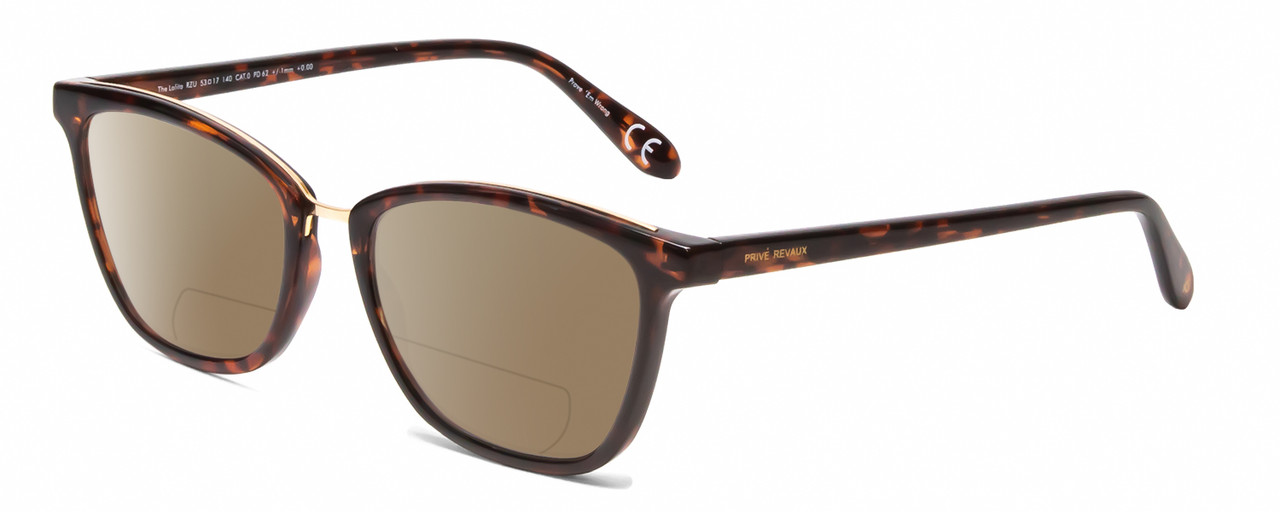 Profile View of Calabria Prive Lolita Designer Polarized Reading Sunglasses with Custom Cut Powered Amber Brown Lenses in Blonde Tortoise Havana Gold Ladies Cat Eye Semi-Rimless Acetate 53 mm