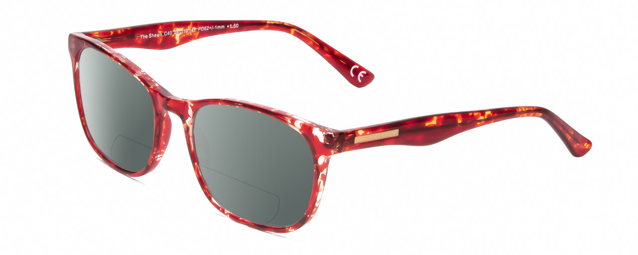 Profile View of Calabria Prive Shawn Designer Polarized Reading Sunglasses with Custom Cut Powered Smoke Grey Lenses in Crystal Cherry Red Tortoise Havana Ladies Panthos Full Rim Acetate 56 mm