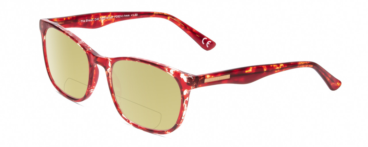 Profile View of Calabria Prive Shawn Designer Polarized Reading Sunglasses with Custom Cut Powered Sun Flower Yellow Lenses in Crystal Cherry Red Tortoise Havana Ladies Panthos Full Rim Acetate 56 mm