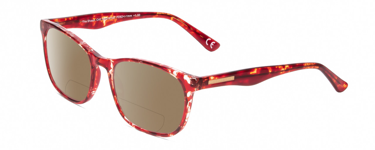 Profile View of Calabria Prive Shawn Designer Polarized Reading Sunglasses with Custom Cut Powered Amber Brown Lenses in Crystal Cherry Red Tortoise Havana Ladies Panthos Full Rim Acetate 56 mm