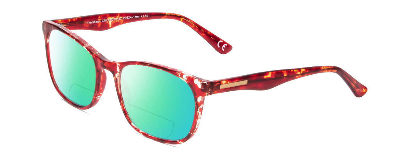 Profile View of Calabria Prive Shawn Designer Polarized Reading Sunglasses with Custom Cut Powered Green Mirror Lenses in Crystal Cherry Red Tortoise Havana Ladies Panthos Full Rim Acetate 56 mm