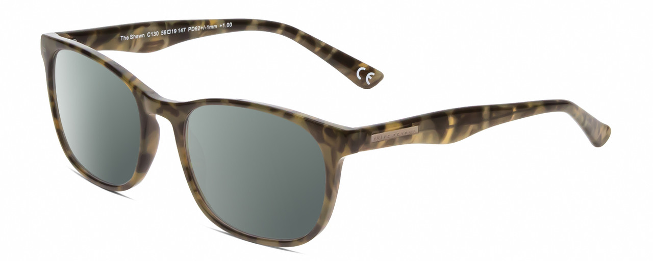 Profile View of Calabria Prive Shawn Designer Polarized Sunglasses with Custom Cut Smoke Grey Lenses in Olive Green Marble Ladies Panthos Full Rim Acetate 56 mm