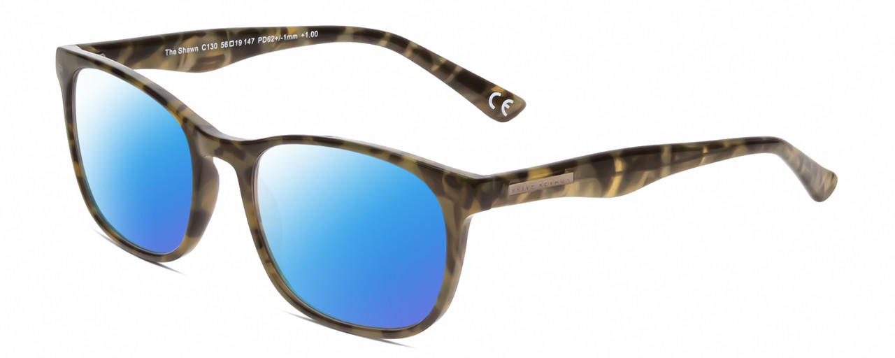 Profile View of Calabria Prive Shawn Designer Polarized Sunglasses with Custom Cut Blue Mirror Lenses in Olive Green Marble Ladies Panthos Full Rim Acetate 56 mm