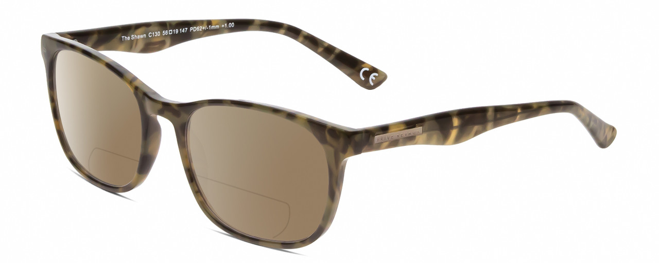 Profile View of Calabria Prive Shawn Designer Polarized Reading Sunglasses with Custom Cut Powered Amber Brown Lenses in Olive Green Marble Ladies Panthos Full Rim Acetate 56 mm