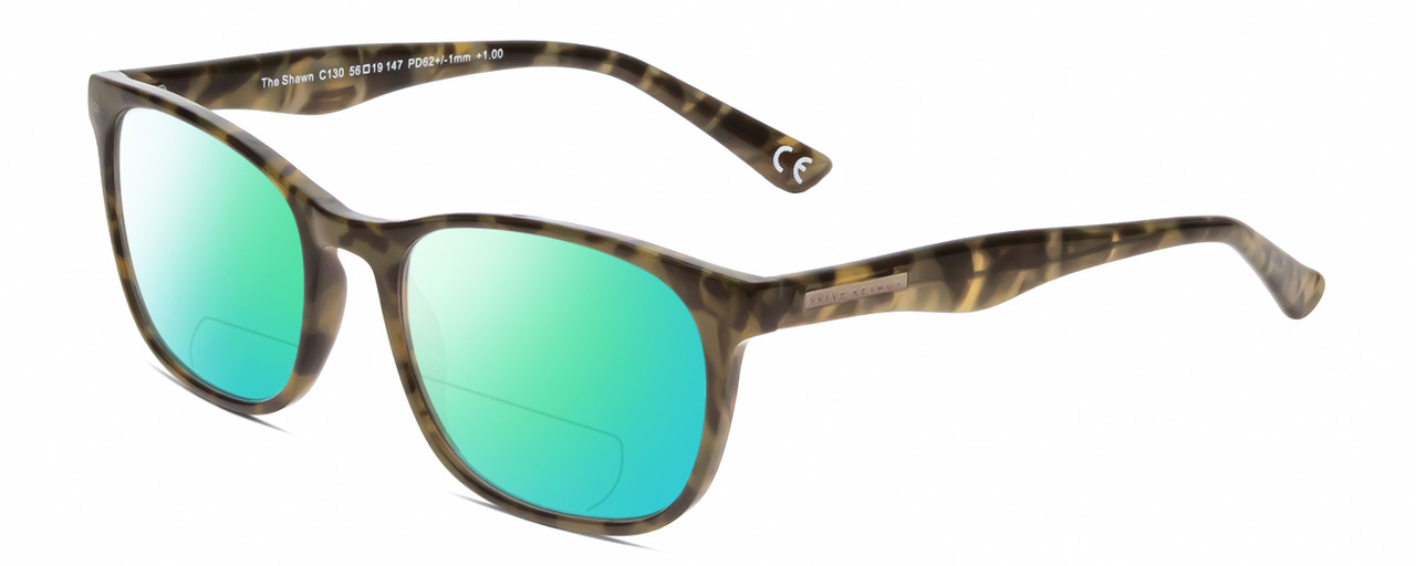 Profile View of Calabria Prive Shawn Designer Polarized Reading Sunglasses with Custom Cut Powered Green Mirror Lenses in Olive Green Marble Ladies Panthos Full Rim Acetate 56 mm