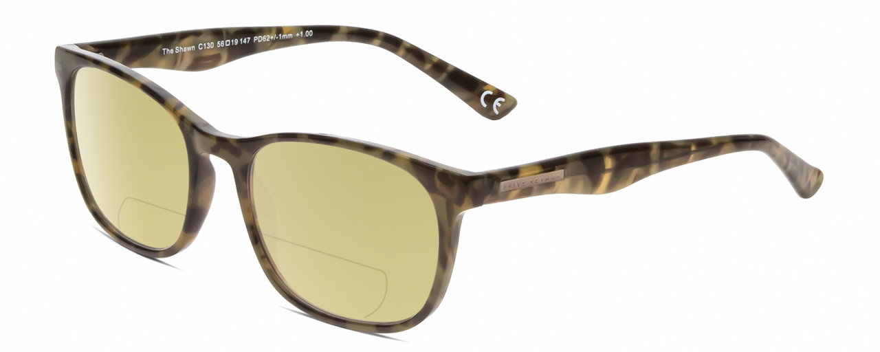 Profile View of Calabria Prive Shawn Designer Polarized Reading Sunglasses with Custom Cut Powered Sun Flower Yellow Lenses in Olive Green Marble Ladies Panthos Full Rim Acetate 56 mm