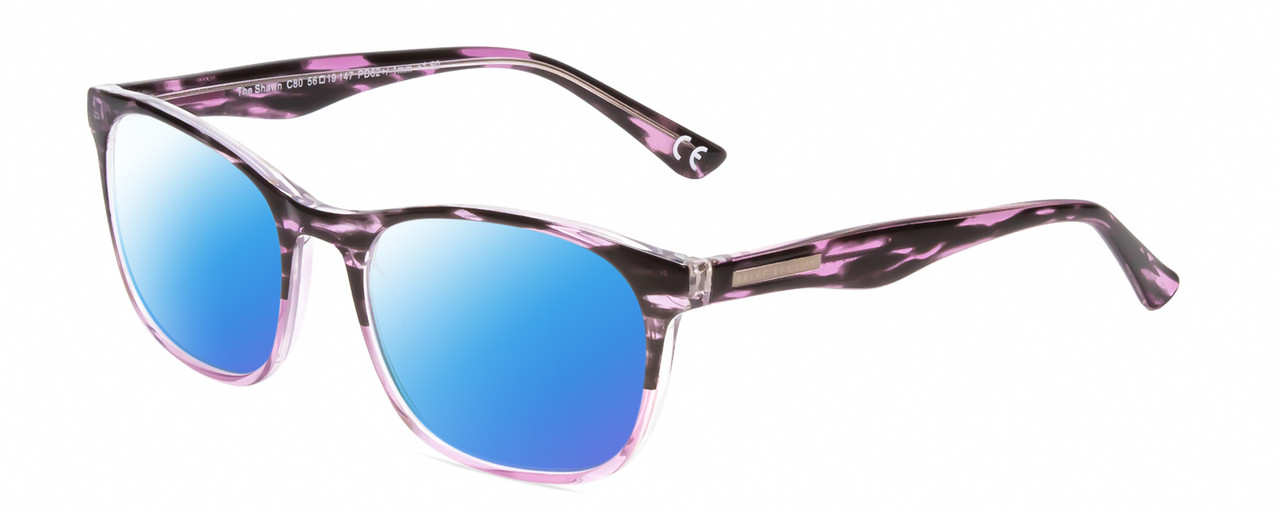 Profile View of Calabria Prive Shawn Designer Polarized Sunglasses with Custom Cut Blue Mirror Lenses in Crystal Purple Marble Stripe Ladies Panthos Full Rim Acetate 56 mm