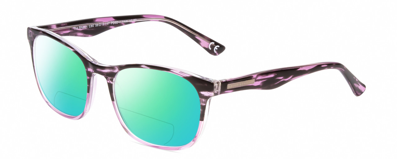 Profile View of Calabria Prive Shawn Designer Polarized Reading Sunglasses with Custom Cut Powered Green Mirror Lenses in Crystal Purple Marble Stripe Ladies Panthos Full Rim Acetate 56 mm