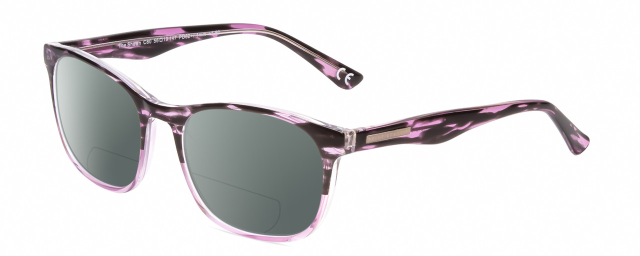 Profile View of Calabria Prive Shawn Designer Polarized Reading Sunglasses with Custom Cut Powered Smoke Grey Lenses in Crystal Purple Marble Stripe Ladies Panthos Full Rim Acetate 56 mm