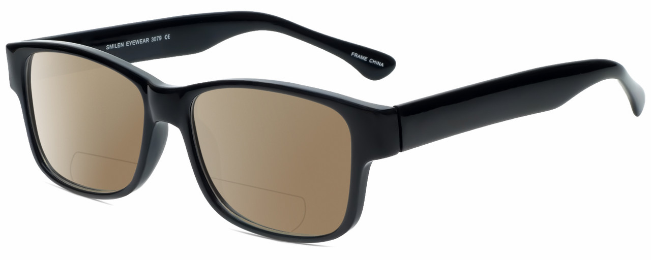 Profile View of 2000 and Beyond 3079 Designer Polarized Reading Sunglasses with Custom Cut Powered Amber Brown Lenses in Gloss Black Unisex Square Full Rim Acetate 60 mm