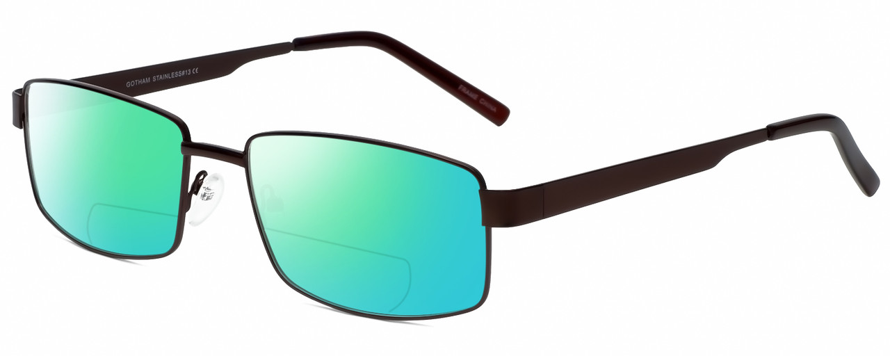 Profile View of Gotham Style 13 Designer Polarized Reading Sunglasses with Custom Cut Powered Green Mirror Lenses in Brown Mens Rectangular Full Rim Metal 58 mm