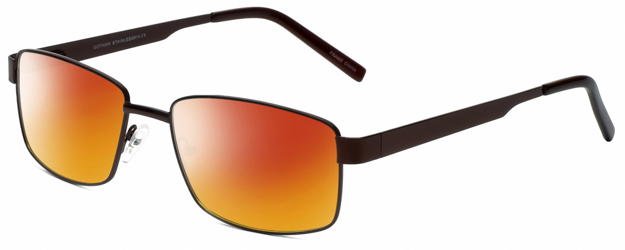 Profile View of Gotham Style 14 Designer Polarized Sunglasses with Custom Cut Red Mirror Lenses in Brown Mens Rectangular Full Rim Metal 59 mm