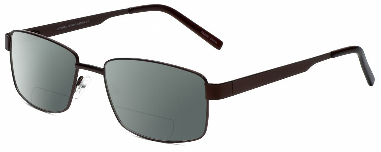 Profile View of Gotham Style 14 Designer Polarized Reading Sunglasses with Custom Cut Powered Smoke Grey Lenses in Brown Mens Rectangular Full Rim Metal 59 mm