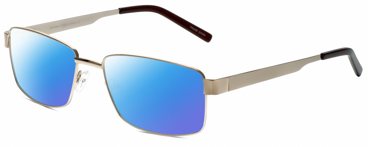 Profile View of Gotham Style 14 Designer Polarized Sunglasses with Custom Cut Blue Mirror Lenses in Gold Mens Rectangular Full Rim Metal 59 mm