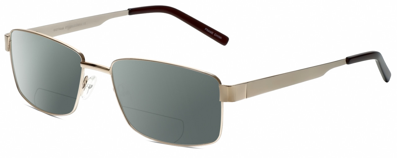 Profile View of Gotham Style 14 Designer Polarized Reading Sunglasses with Custom Cut Powered Smoke Grey Lenses in Gold Mens Rectangular Full Rim Metal 59 mm
