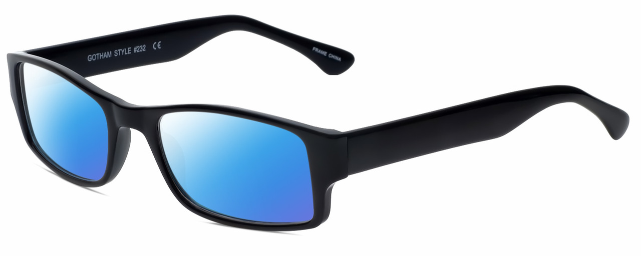 Profile View of Gotham Style 232 Designer Polarized Sunglasses with Custom Cut Blue Mirror Lenses in Black Mens Rectangular Full Rim Acetate 60 mm