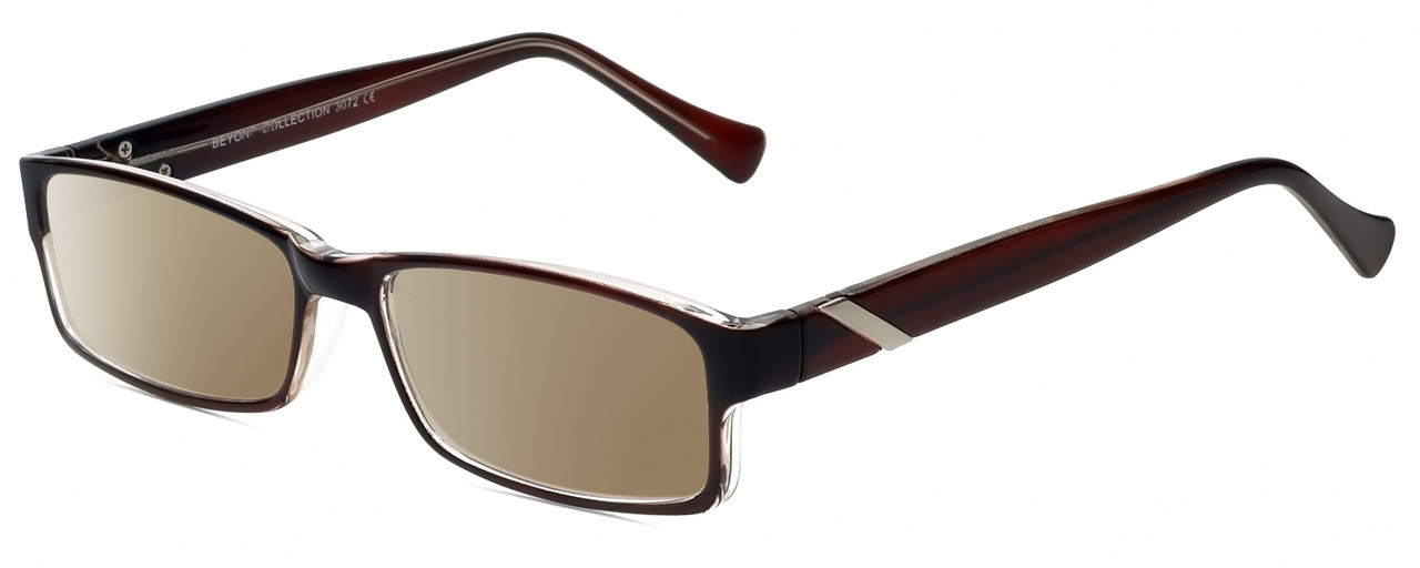 Profile View of 2000 and Beyond 3072 Designer Polarized Sunglasses with Custom Cut Amber Brown Lenses in Brown Crystal Ladies Rectangular Full Rim Acetate 56 mm
