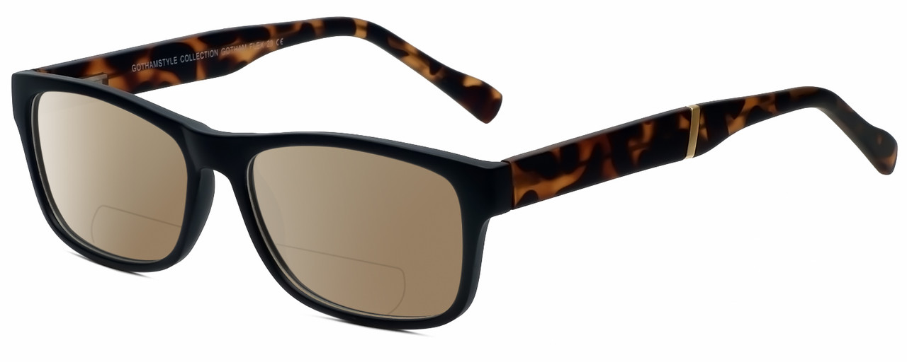 Profile View of Gotham Premium Flex 29 Designer Polarized Reading Sunglasses with Custom Cut Powered Amber Brown Lenses in Matte Black Unisex Square Full Rim Acetate 53 mm