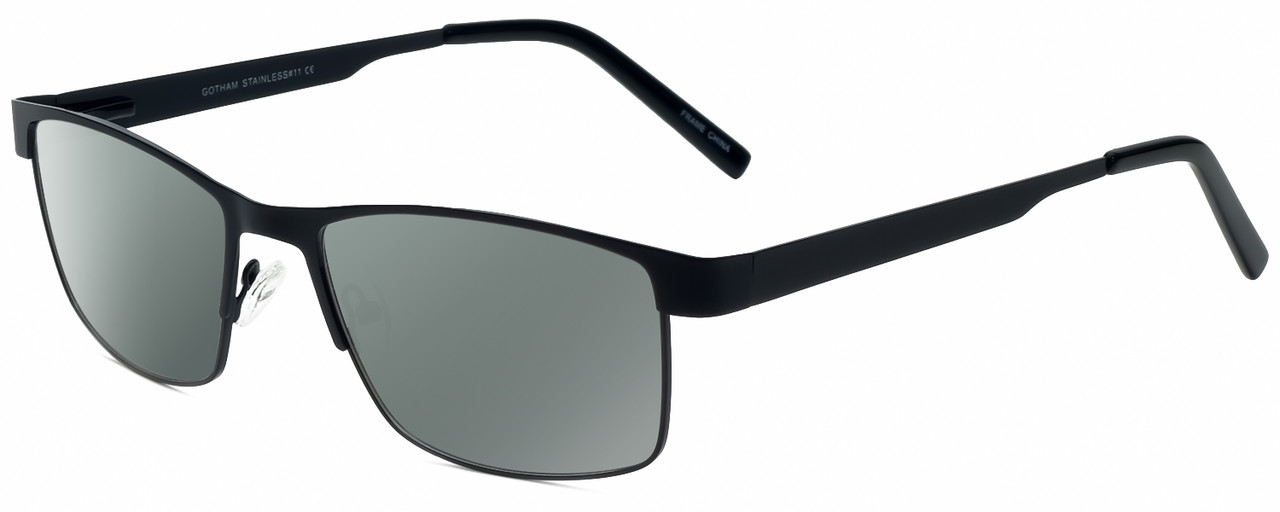 Profile View of Gotham Style 11 Designer Polarized Sunglasses with Custom Cut Smoke Grey Lenses in Black Mens Rectangular Full Rim Metal 59 mm
